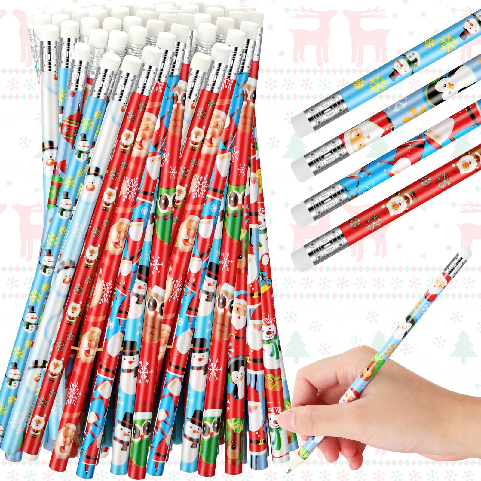 Tenare 60 Pcs Christmas Pencil with Eraser 12 Style Snowman Stocking Santa Claus Christmas Tree Reindeer Pencils Xmas Gift for Kid Student Xmas Stocking Fillers Stationery Party Favors (Vivid)