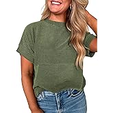 EVALESS Short Sleeve Shirts for Women Casual Spring Summer Tops Ribbed Knit Striped Womens Tops Crewneck Loose Fit T Shirts