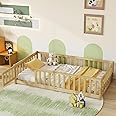 Twin Floor Bed with Safety Guardrails for Kids, Rubber Wood Montessori Bed with Slats and Convertible Door, Twin Size Bed Frame for Girls and Boys,No Box Spring Needed,Natural