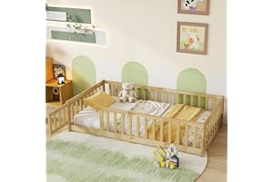 MoproBeti Twin Floor Bed with Safety Guardrails for Kids, Rubber Wood Montessori Bed with Slats and Convertible Door, Twin Size Bed Frame for Girls and Boys,No Box Spring Needed,Natural