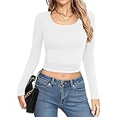 Laughido Women's Scoop Neck Long Sleeve Ribbed Knit Fleece Slim Fit Casual Basic T Shirt Crop Top 2025 Trendy Y2k Outfits