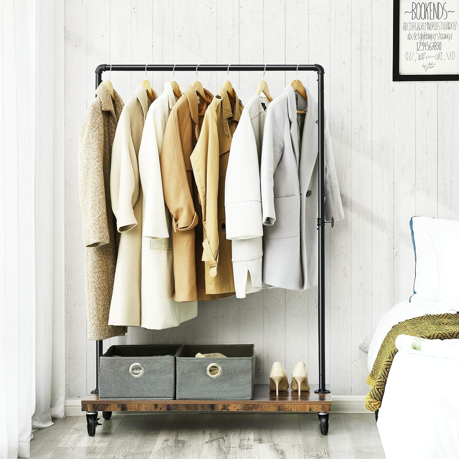 VASAGLE Clothes Rack, Industrial Pipe Style Rolling Garment Rack with Shoe Shelf, Lockable Wheels, Heavy Duty Clothing Rack for Laundry Room, Retail Store, Rustic Look UHSR65BX: Home Improvement
