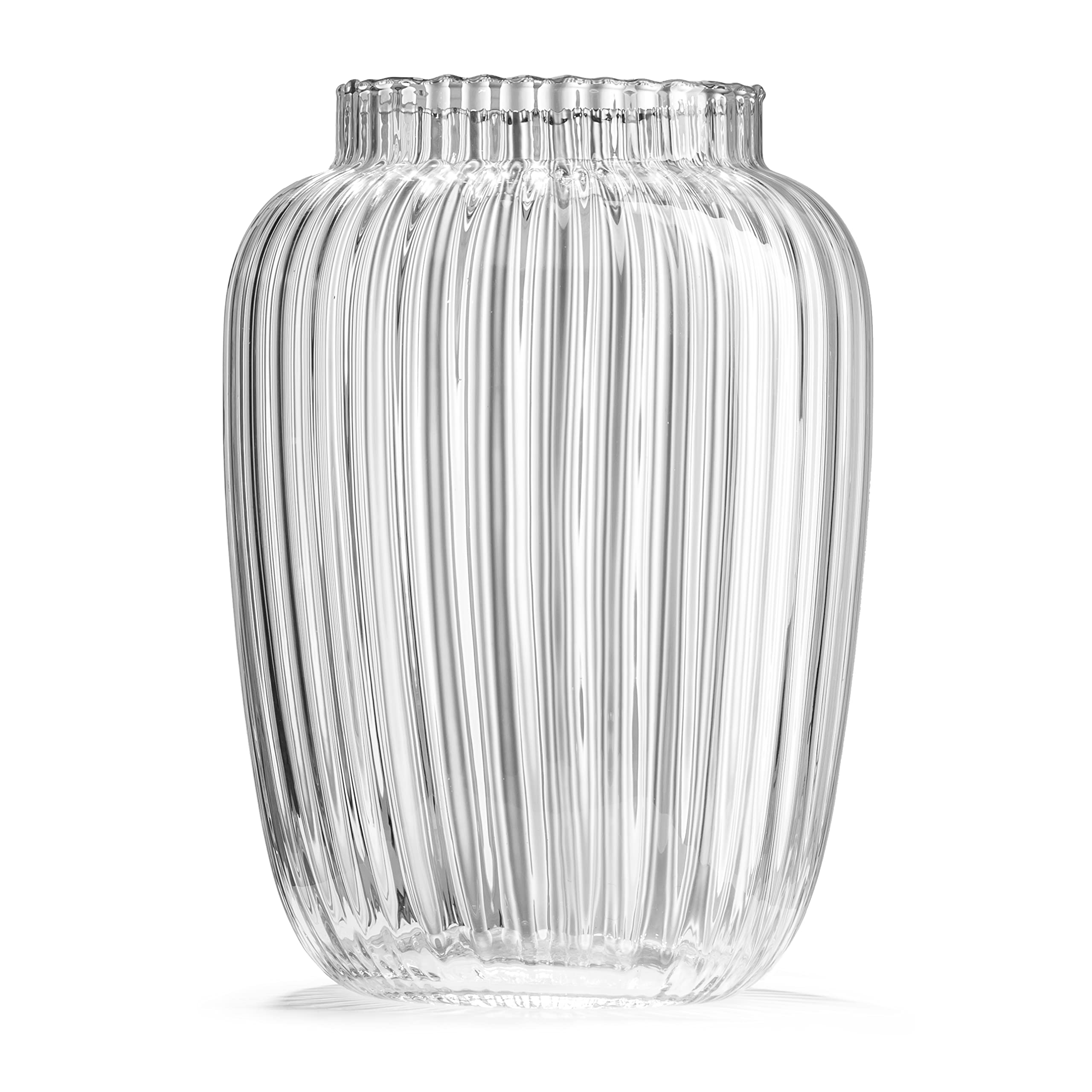 KUBUS Glass Flower Vase & Candle Holder 19cm, Mouth Blown Glass, Ribbed Pattern, For Centerpieces, Wedding, Living Room