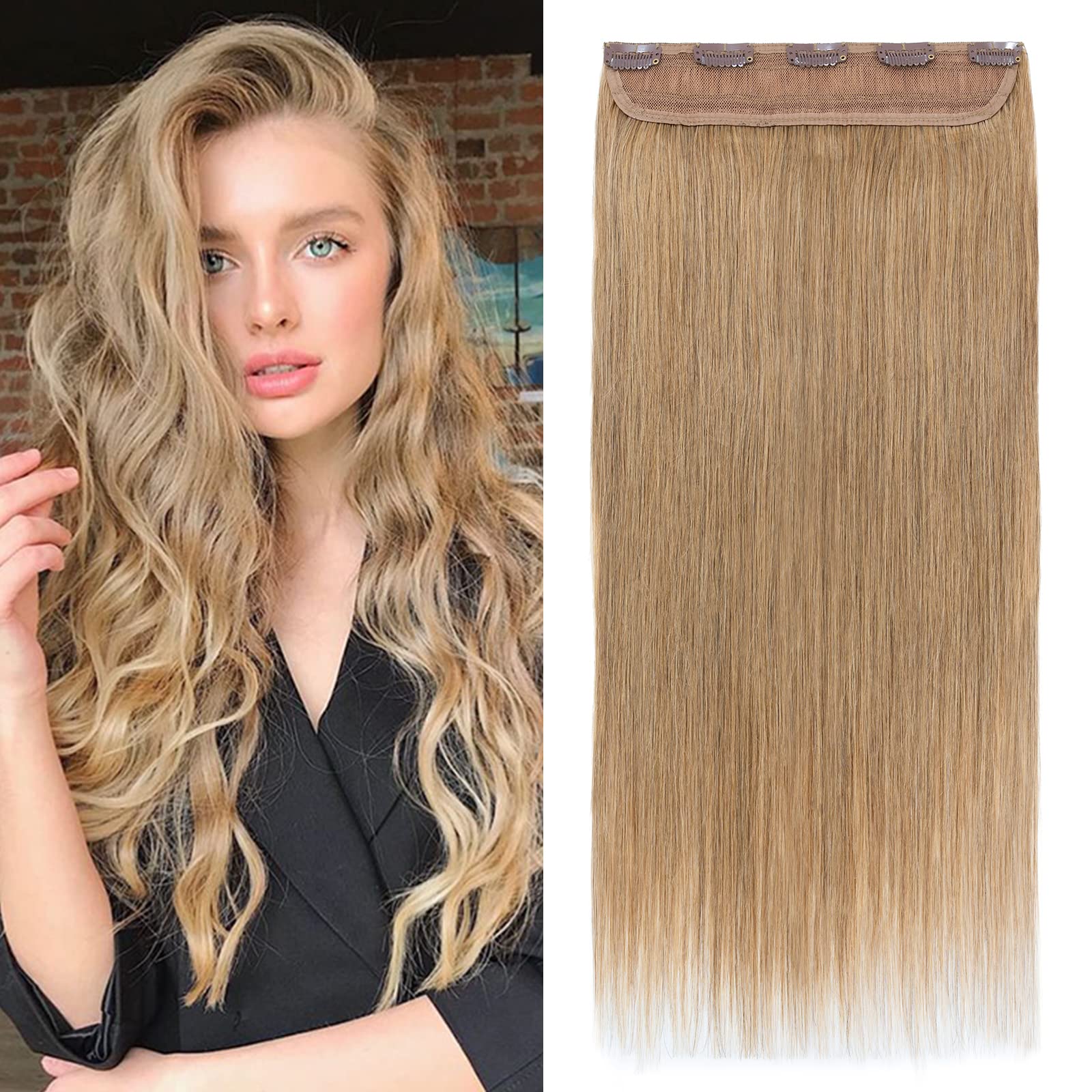 Silk-co One Piece Clip in Hair Extension #27 Dark Blonde Real Remy Hair Straight 3/4 Full Head (16"-80g) Thick Straight — image 1
