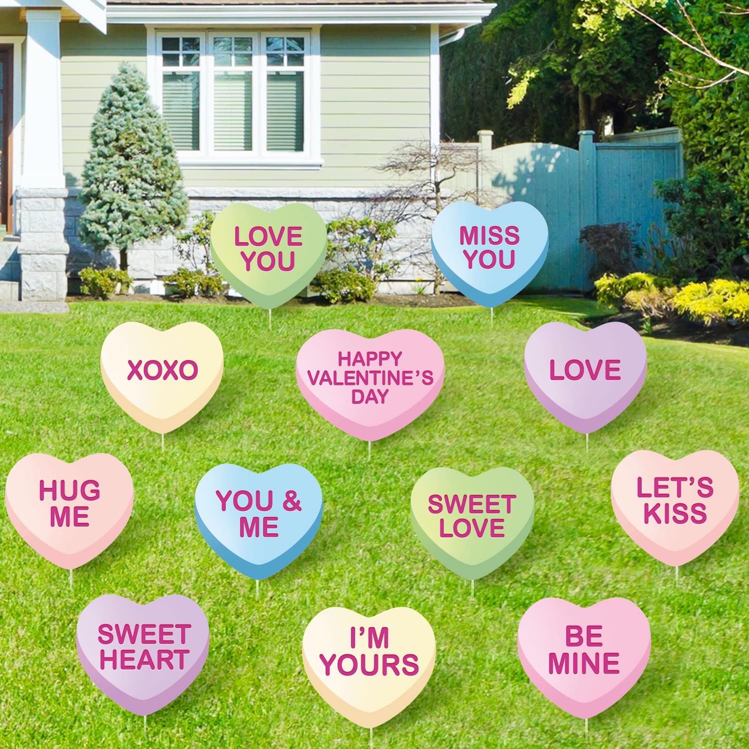 Photo 1 of ?Quera 12Pcs Valentine's Day Yard Signs Conversation Hearts Sweethearts Candy Sayings Outdoor Lawn Decorations Valentine Candy Heart Love Sign Cutouts Wedding Bridal Shower Supplies Garden Decor.