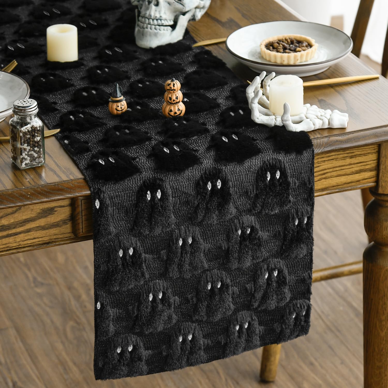 Photo 1 of Artoid Mode Black Ghost Soft Plush Faux Fur Jacquard Halloween Table Runner, Holiday Kitchen Dining Table Decoration for Home Party Decor 13x72 Inch