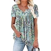 ROSELINLIN Women's Short Sleeve Shirts Floral Summer Tops Loose Fit for Leggings