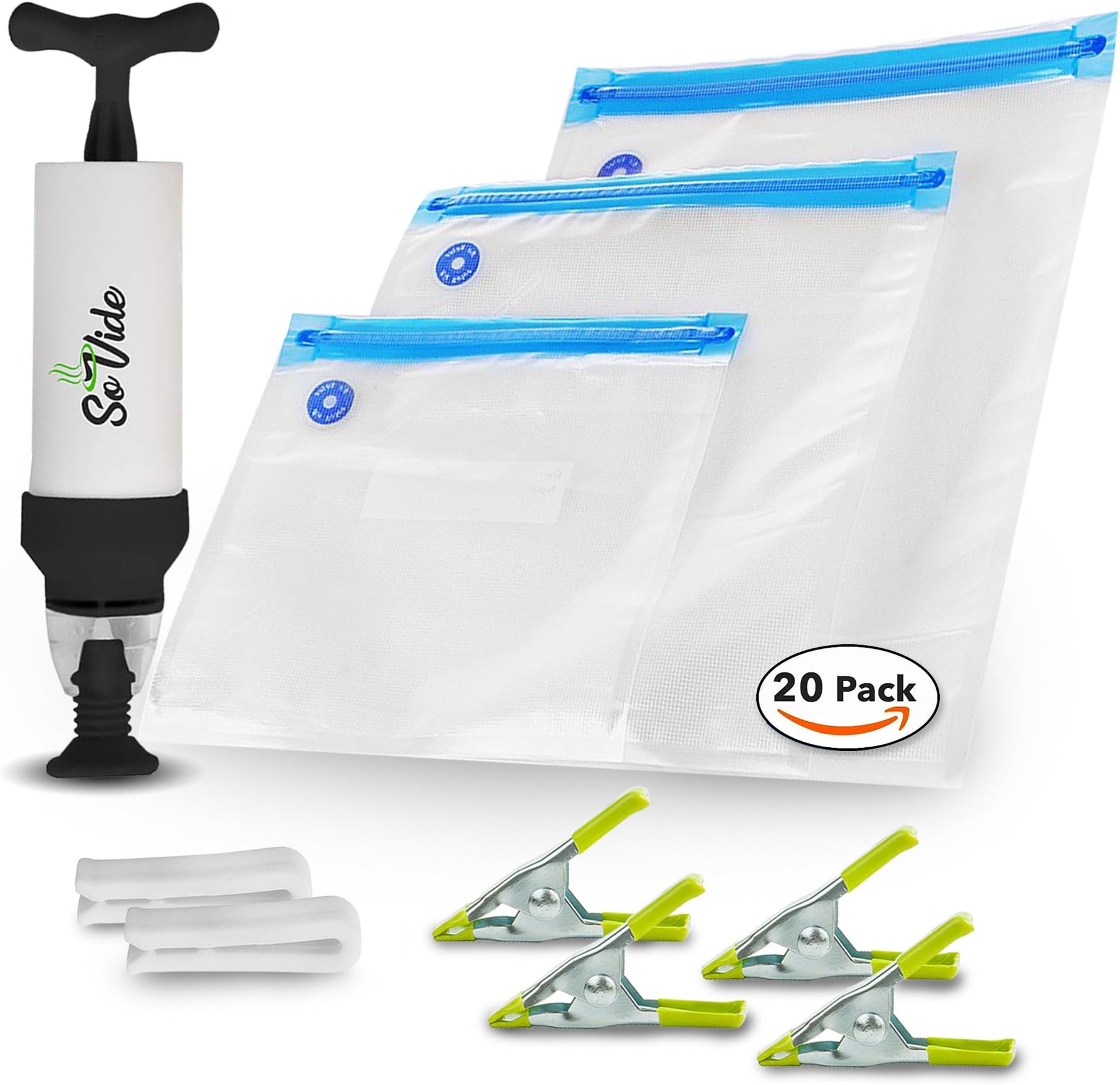 SoVide 20 Premium Sous Vide Airlock Vacuum Bags for Anova Cookers in 3 Sizes - BPA Free Reusable Easy Clean For Perfect Food - Hand Pump - 4 Holding Clips, 2 Sealing Clips & Cooking Guide