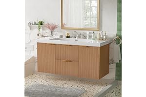 48" Modern Wall Mounted Floating Bathroom Vanity with Single Sink, Wood Grain Finish SMC Countertop Soft Close Storage Unit G