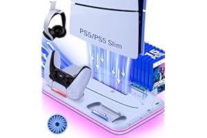 EUROA PS5 Stand with Cooling Station and Controller Charging Station for PlayStation 5 Slim Console, PS5 Controller Charger, Cooling Stand, Dynamic Light, Headset Holder for PlayStation 5 Accessories, White