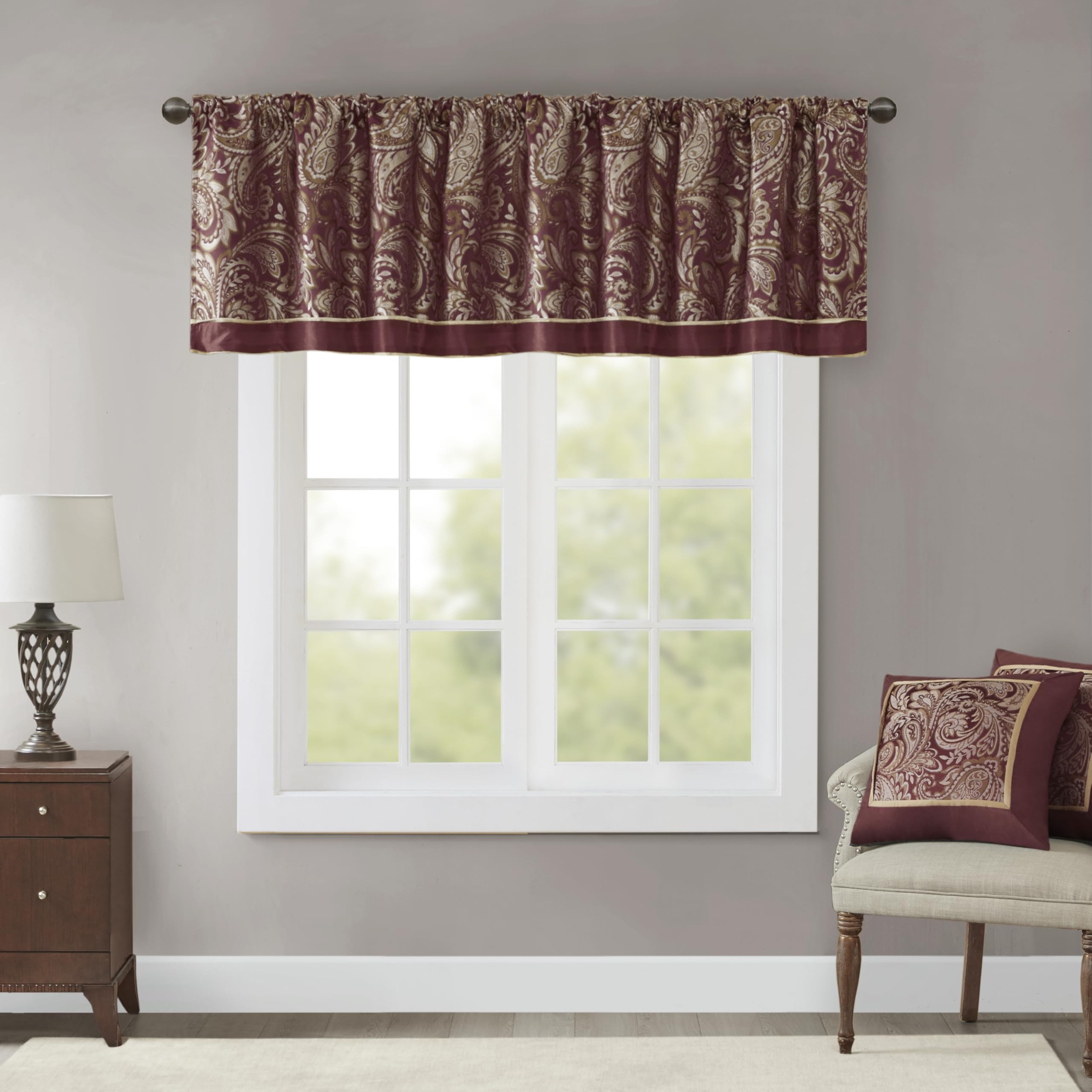 Madison Park Aubrey Faux Silk Paisley Jacquard, Rod Pocket Curtain With Privacy Lining For Living Room, Kitchen, Bedroom and Dorm, 50" x 18", Burgundy