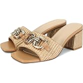 SOVANYOU Women's Raffia Sandals Square Toe Slip on Mules Comfortable Dressy Sandals Chunky Block Heels for Beach Party Vacation Shoes