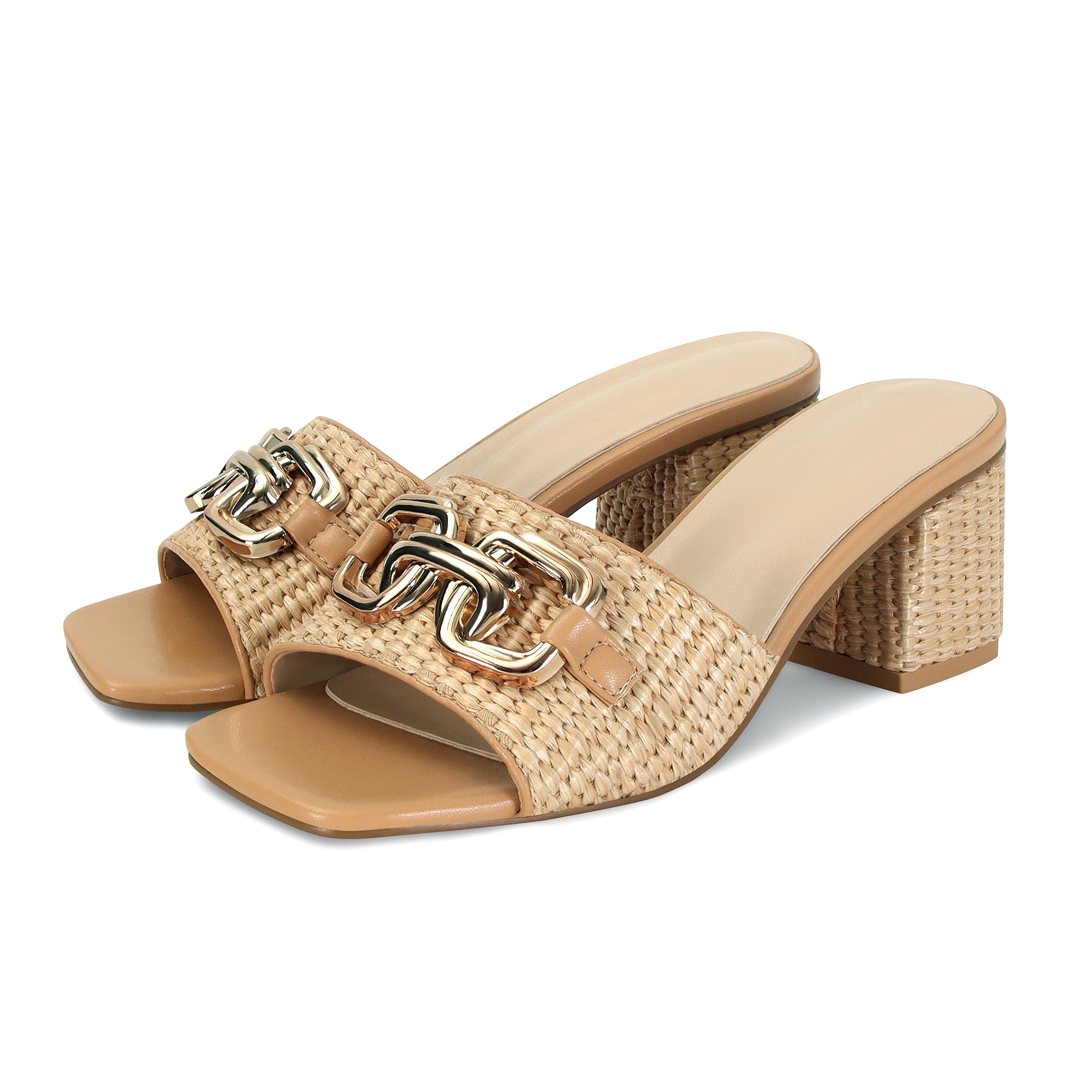 Photo 1 of SOVANYOU Woven Sandals Women Square Open Toe Heeled Mules Chunky Block Low Heel Slip On Straw Slide Heels Apricot