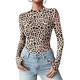 Zeagoo Womens Floral Mesh Long Sleeve Tops See Through Going Out Blouses Mock Neck Sheer Party Outfits Shirts S-XXL