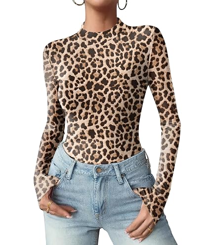 Verdusa Women's Mock Neck Long Sleeve Marble Mesh Slim Fitted Tee
