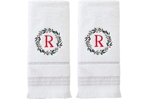 SKL Home Christmas/Winter Wreath Monogram Hand Towel R 2pc Set for Bath/Kitchen/Bar & Gift, White