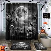 Arttown Halloween Bathroom Sets with Shower Curtain and Rugs, Skull Horror | Set of 4 Gothic Moon Bathroom Decor Set with Toilet Lid Cover, Non-Slip Bath Mats and Accessories 12 Hooks