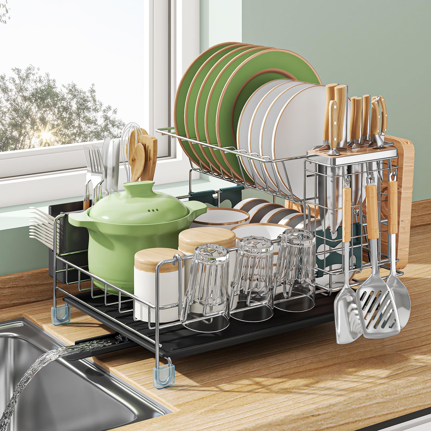 Photo 1 of slhsy Dish Drying Rack - Large Capacity Stainless Steel Dish Rack for Kitchen Counter, 2-Tier Detachable Kitchen Organizers and Storage Rack with Drainboard and Cutlery Holder, Silver