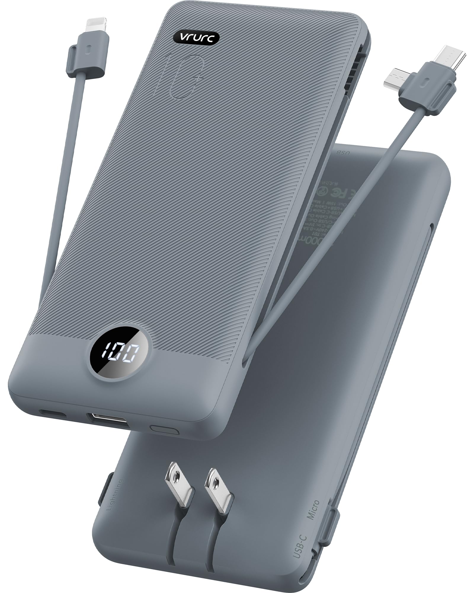 VRURC Portable Charger Built-in Cables and AC Wall Plug, USB C Power Bank 10000mAh, Travel Battery Portable Phone Charger Compact Lightweight External Battery Pack for Smart Phones, Tablets etc-Grey
