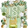 Sage Green 18th Birthday Decorations - Olive Gold Balloon Garland, Happy Birthday Banner, Tissue Pom Pom, Foil Backdrop, Cake Topper for Girls Boys Eighteen Gift Supplies
