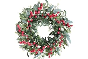 TEMPUS 22 Inch Rustic Winter Wreath with Curly Willow Branches, Pine Needles & Red Berries – Handmade Rattan Base for Front Door Decor, Farmhouse Wall Hanging, Indoor Holiday Greenery