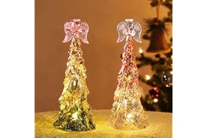 Lewondr Glass Christmas Tree 2 Pcs, Tabletop Mercury Lighted Small Tree with Angel Tree Topper, Built-in Batteries Operated Christmas Table Lights Xmas Decoration for Centerpiece Fireplace Ornament