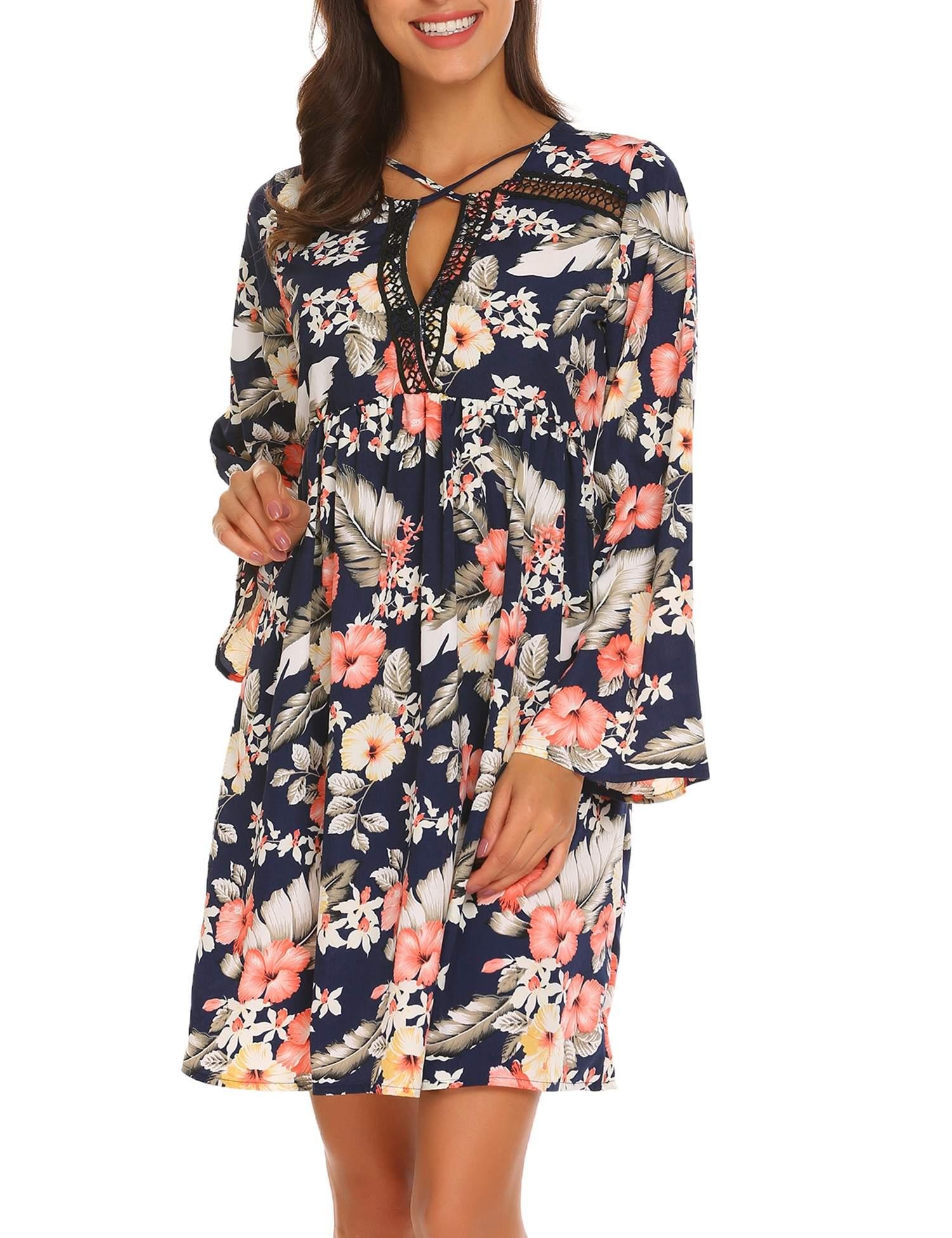 Beyove Women\'s Long Sleeve Fit and Flare Bohemian Vintage Printed Loose Casual Dress