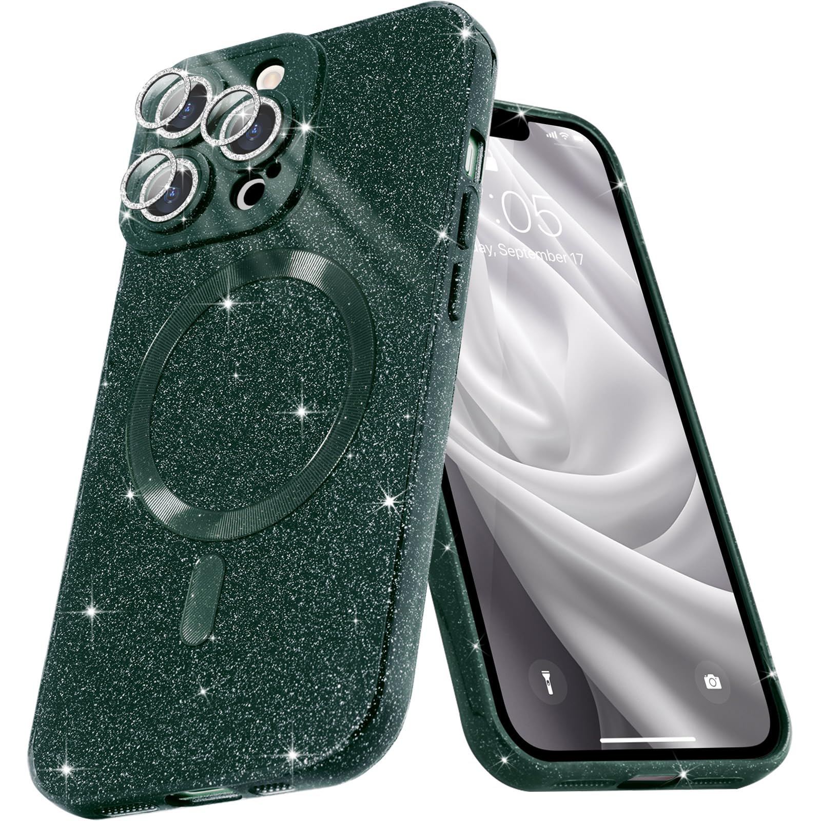 Micoden for iPhone 15 Pro Max Case [Compatible with Magsafe] Magnetic Phone Case Glitter Bling Sparkle Women Girl Shockproof with Camera Protector for iPhone 15 Pro Max,Green