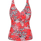 Firpearl Women's Underwire Tankini Top Only V Neck Modest Swimsuits Ruched Tummy Control Bathing Suit Tops