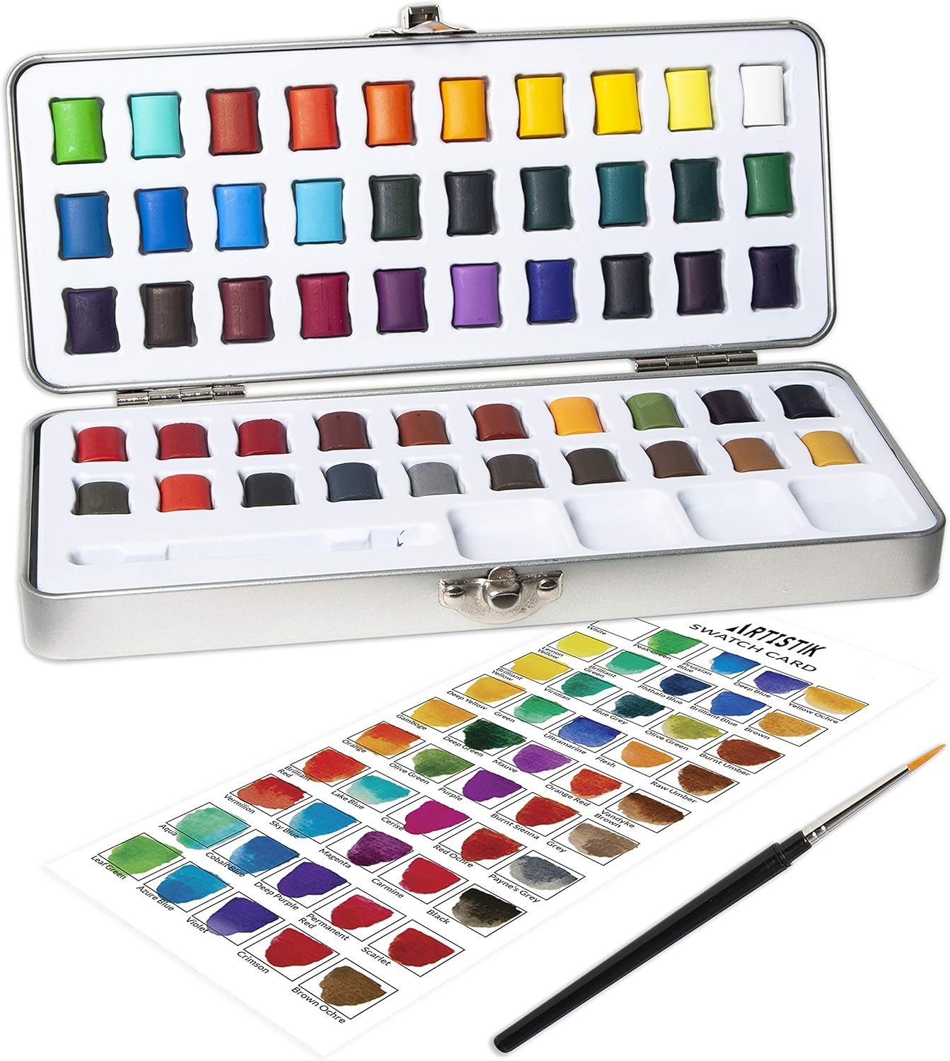 Amazon Co Jp Artistik 水彩絵の具セット 50色 ハーフパンパレットとポータブルメタル缶 プレミアム品質 アソート 鮮やかなカラーペイント ペイントブラシ付き 子供 初心者 学生 アーティスト用 ホーム キッチン
