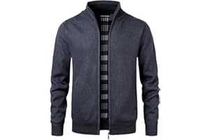 Herothorn Men's Knitted Cardigan Sweater Fleece Lined Knitwear Stand Collar Jumper Full Zip Outerwear Thin Jacket