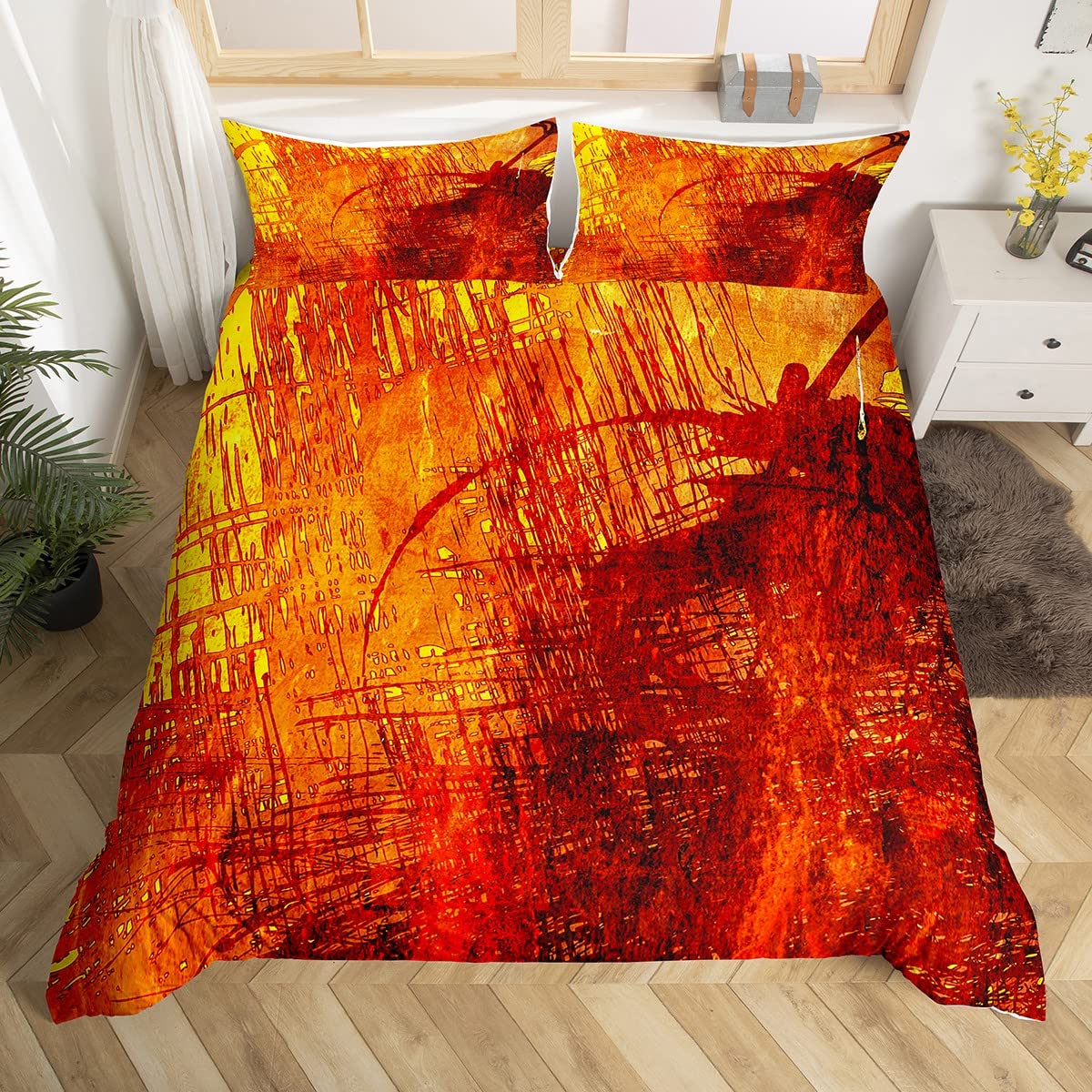 Burnt Orange Abstract Bedding Set Kids Vintage Watercolor Painting Comforter Cover Set for Women Men Grunge Art Duvet Cover Bedspread Cover Bedroom King Size