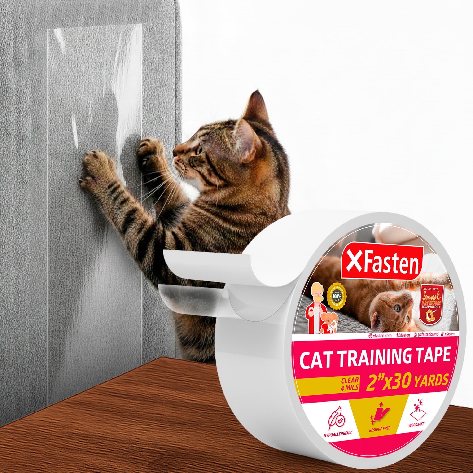 XFasten Anti-Scratch Cat Training Tape, Clear, 2-Inches x 30 Yards (50.8mm x 27.43m); Door, Kitty Paw Tape for Couch, Furniture and Leather Stop Scratching Guard Protector Tape for Cats