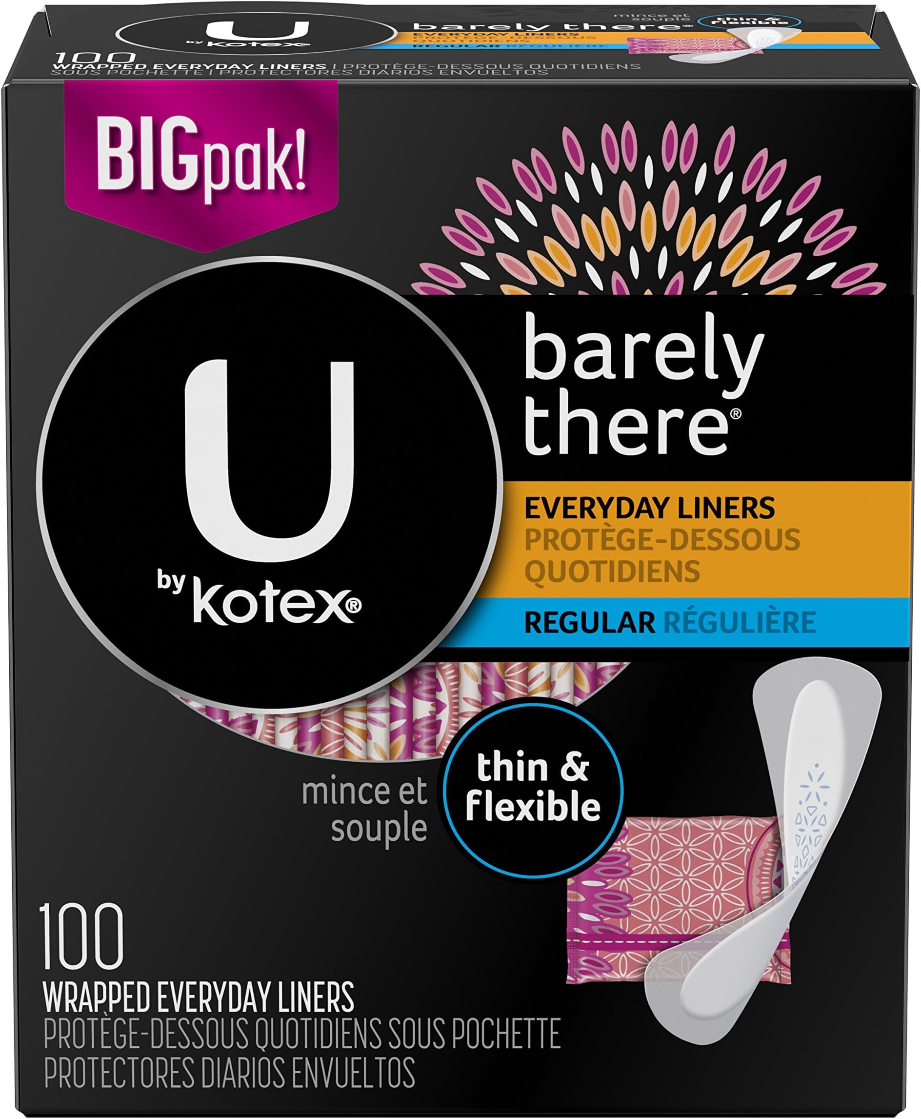 U by Kotex Barely There Liners, Light Absorbency, Unscented, 100 Count