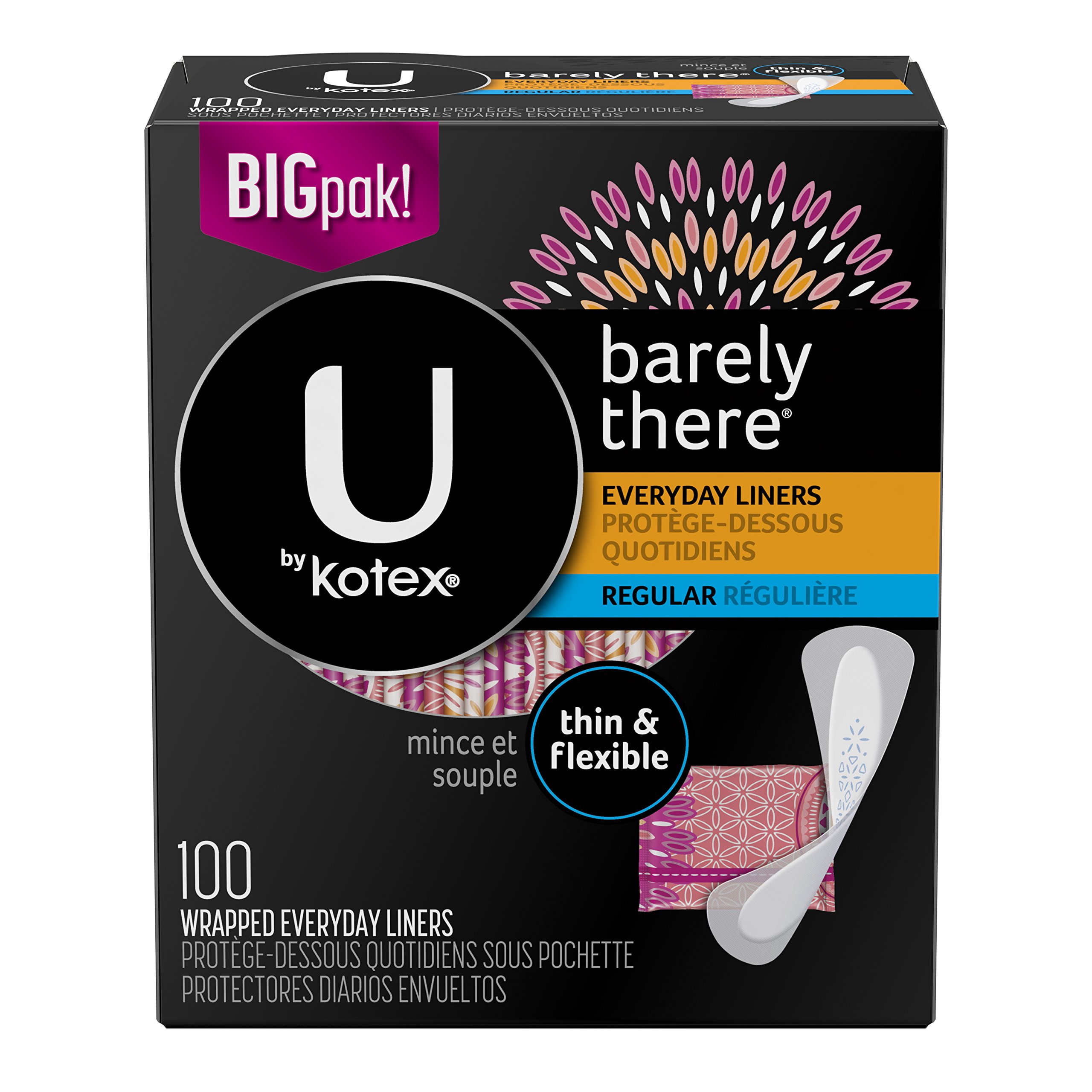 U by Kotex Barely There Liners, Light Absorbency, Unscented, 100 Count