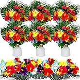 Hotop 30 Pcs Hawaiian Flower Centerpieces for Tables with Artificial Hibiscus Flowers and Artificial Palm Leaves Hawaiian Party Decorations Fake Tropical Flowers for Wedding Birthday Supplies