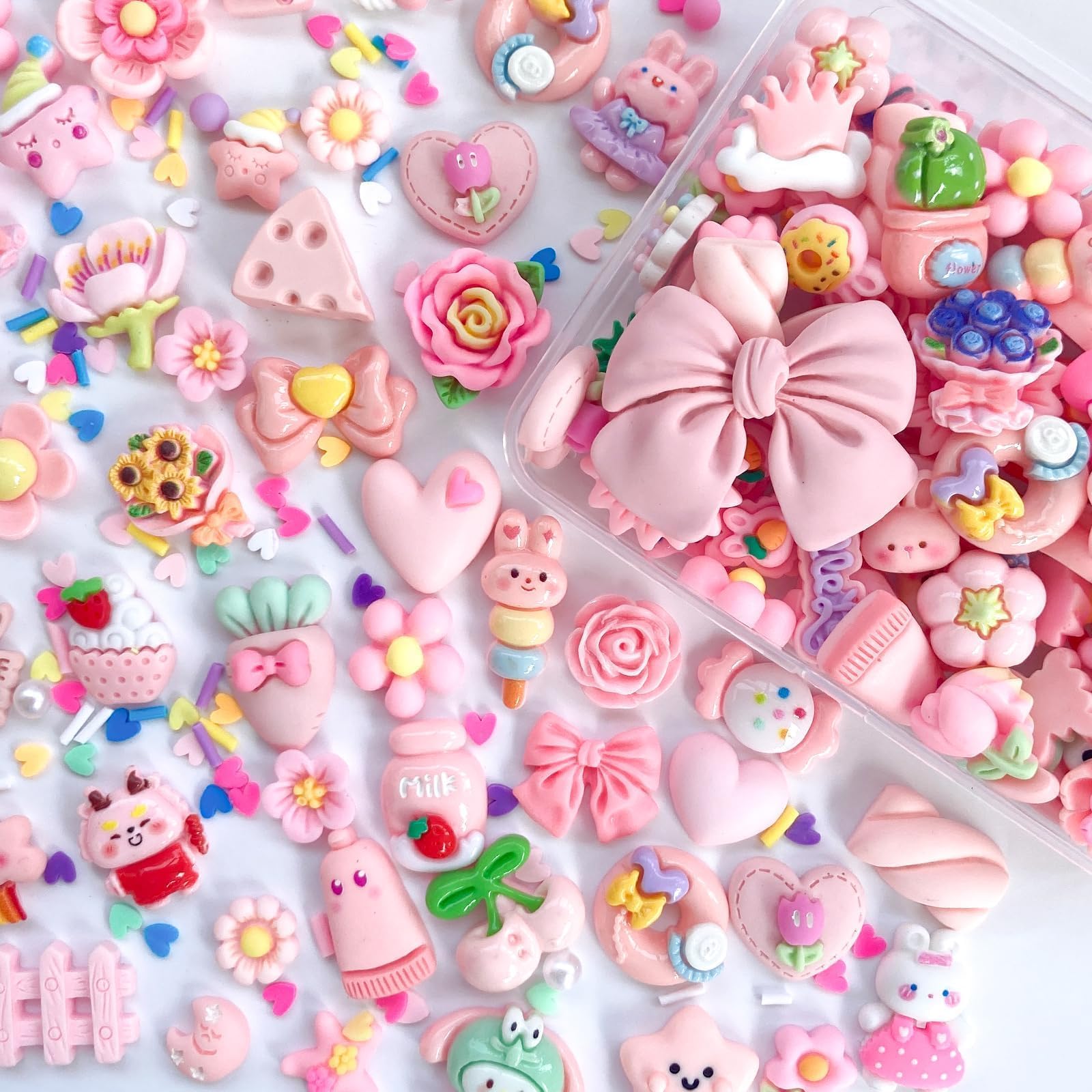 TANOKOX デコパーツ ミックス かわいい キャラクター リボン 花 お菓子 福袋 樹脂貼付けパーツ 樹脂カボション 可愛い 子供 デコレーションパーツ 手芸 ハンドメイド レジンパーツ（ピンク） の商品画像