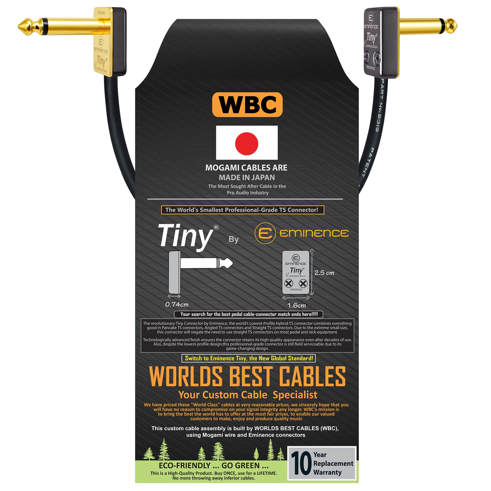 WORLDS BEST CABLES 25 CM - Pedal, Effects, Patch, instrument cable CUSTOM MADE made using Mogami 2319 wire & Eminence Tiny Gold Plated ¼ inch (6.35mm) R/A TS Connectors