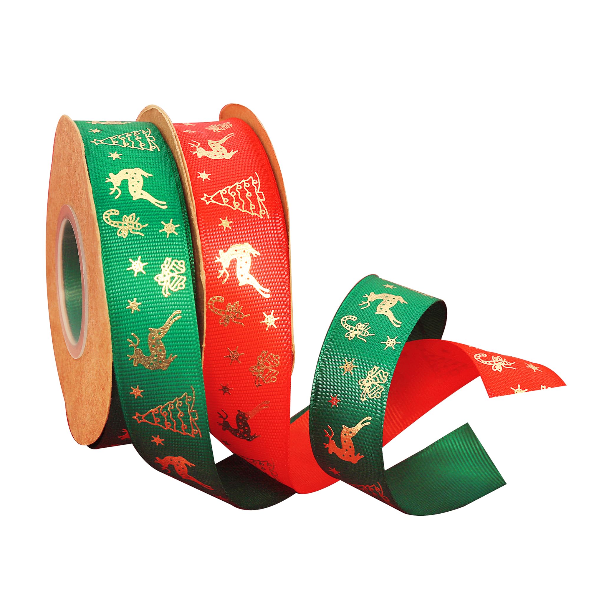 2 Rolls x 22m Red and Green Christmas Ribbon for Gift Wrapping Satin Ribbons 25mm Wide, Thick Christmas Red and Green Ribbon for Gift Wrapping Xmas Crafts Cake Present Decorations 1 inch