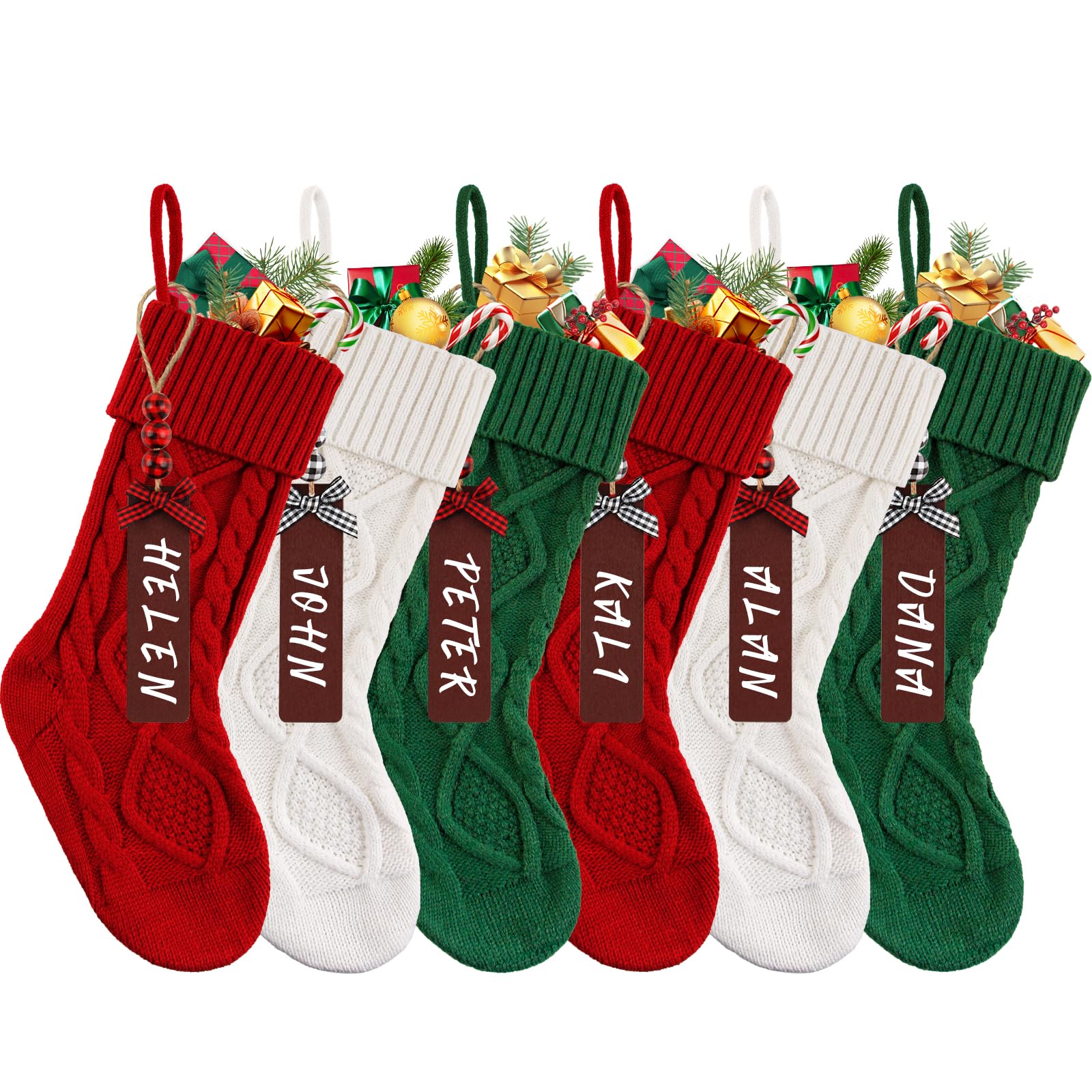 Leipple 6PACK Christmas Stockings,18” Large Cable Knitted Customized Stocking Personalized Xmas Hanging Stocking Decorations with Name Tags for Holiday Christmas Party Family Decor