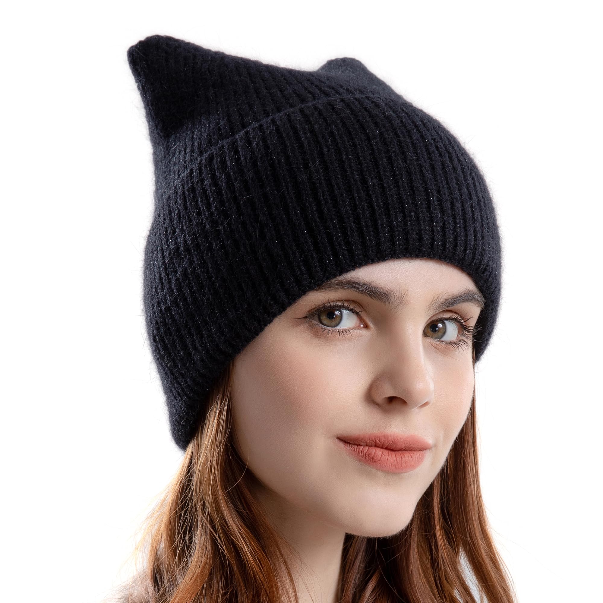 Photo 1 of Koreshion Women Winter Beanie Hat Cute Cat Ear Snow Ski Hat Warm Cable Knitted Hat Soft Cuffed Skull Cap Black