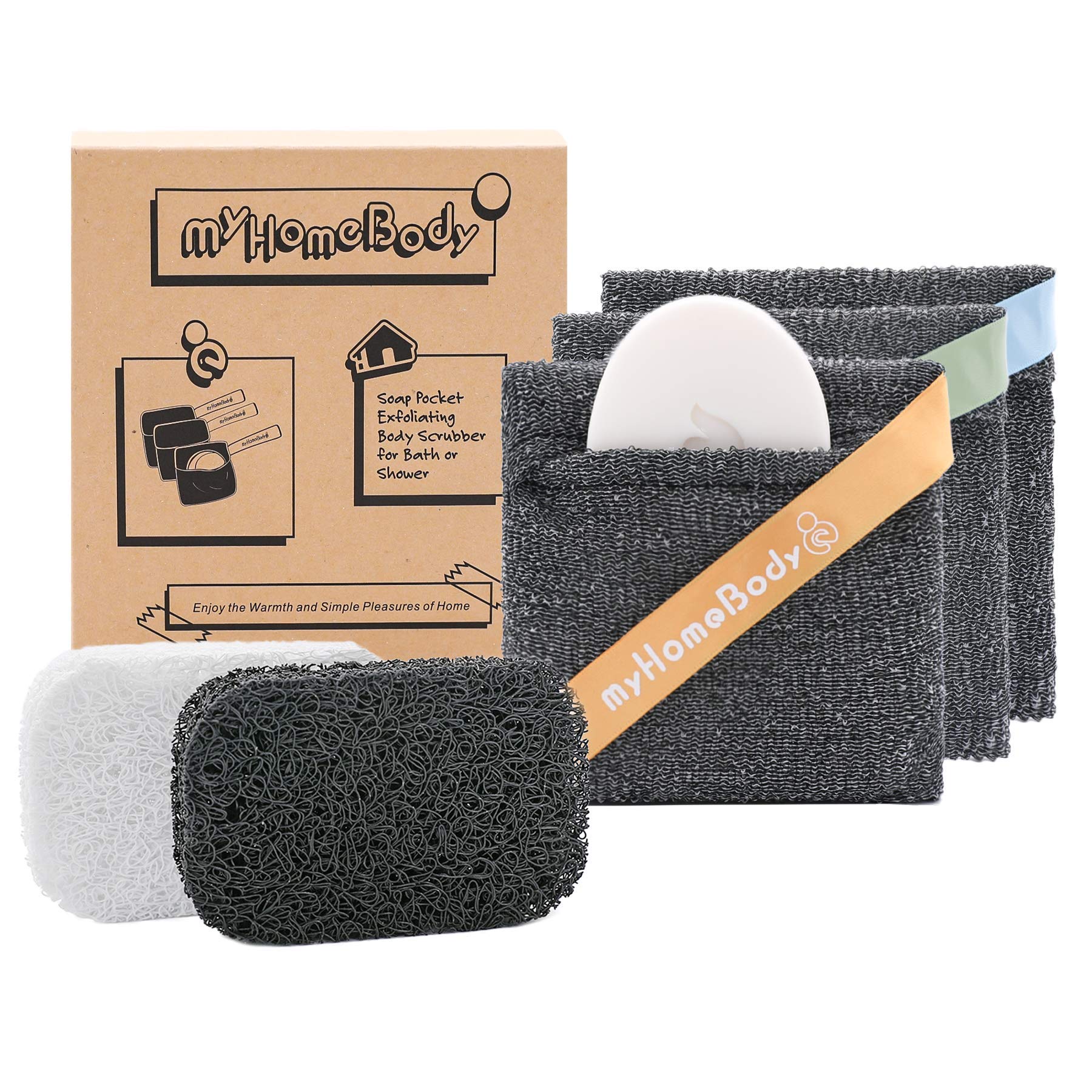 myHomeBody Soap Pocket Squares Exfoliating Pouch, Body Scrubber, Exfoliator Sponge for Bath or Shower, or Leftover Bits Saver, Graphite Gray, 3 Pack + 2 Lift Pads