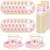 50 Pcs Paper Tea Cups and Plates Pink Floral Disposable Paper Teacups and Saucer Sets with Gold Rim Decorations for Hot Cold Drinks for Wedding Birthday Baby Shower Tea Party, Serve 25