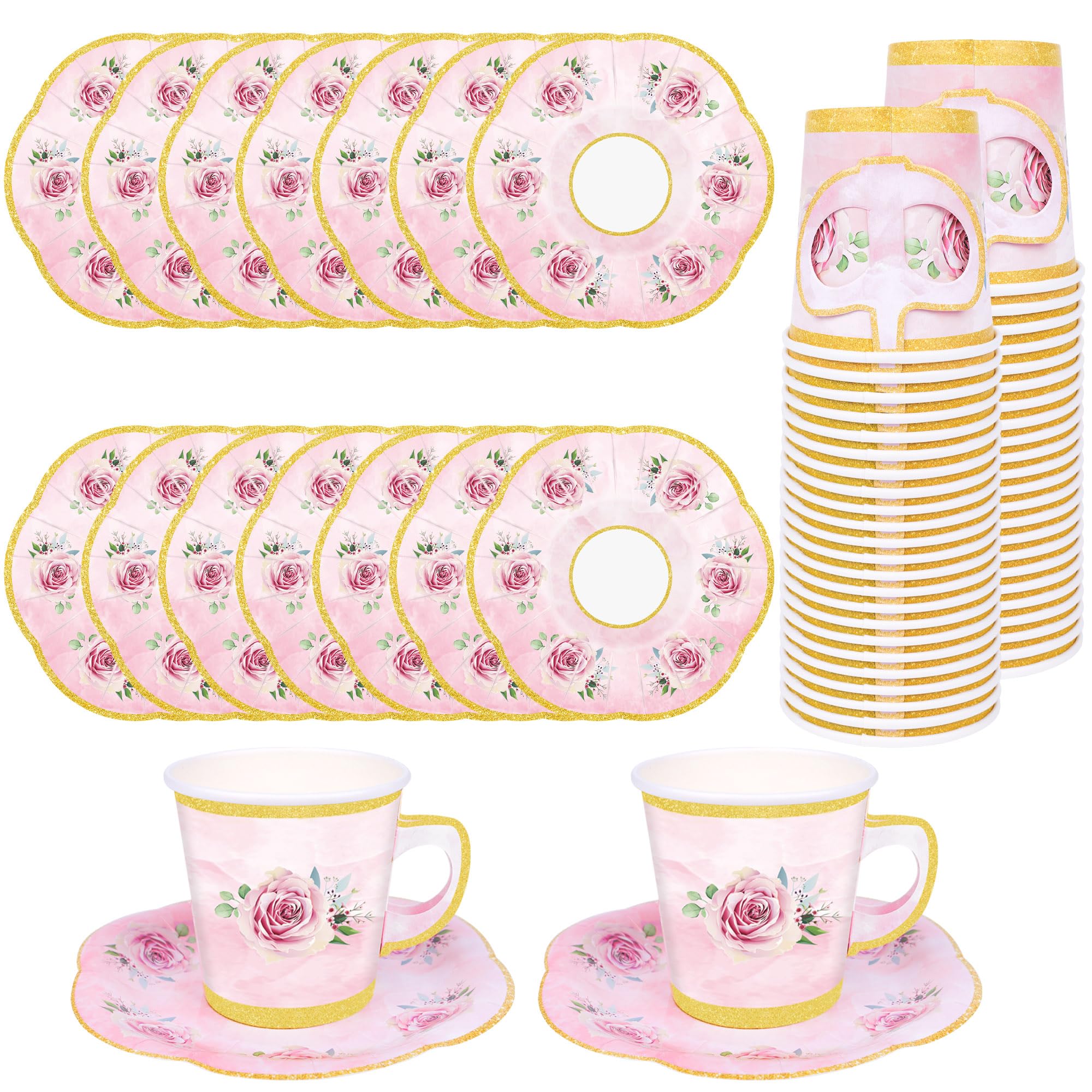 Photo 1 of  Paper Tea Cups and Plates Pink Floral Disposable Paper Teacups and Saucer Sets with Gold Rim Decorations for Hot Cold Drinks for Wedding Birthday Baby Shower Tea Party, Serve 25