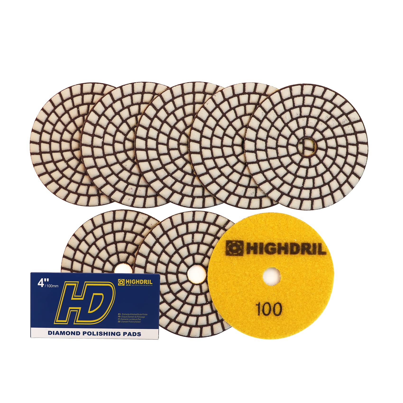 HIGHDRIL Dry Diamond Polishing Pad - 8PCS #100 Sanding Pads 100MM for Granite Stone Marble Floor Grinder Polish Pad Kit for Drill, Grinder, Polisher