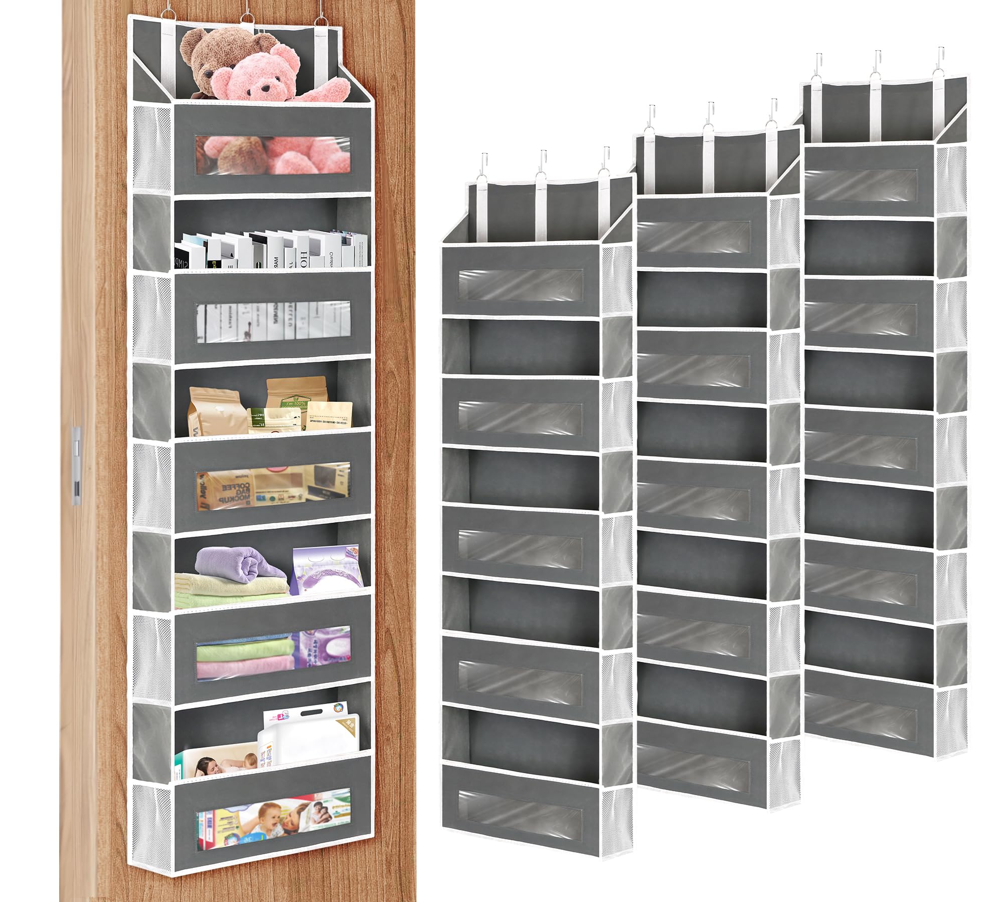 Photo 1 of 3 Packs 5-Tier Over the Door Storage Organizer with 10 Side Mesh Pockets, 48 lbs Load Capacity, 3 Hooks Design, Hanging Organizer with Clear Windows for Bathroom, Bedroom, Nursery, Kitchen-Grey
