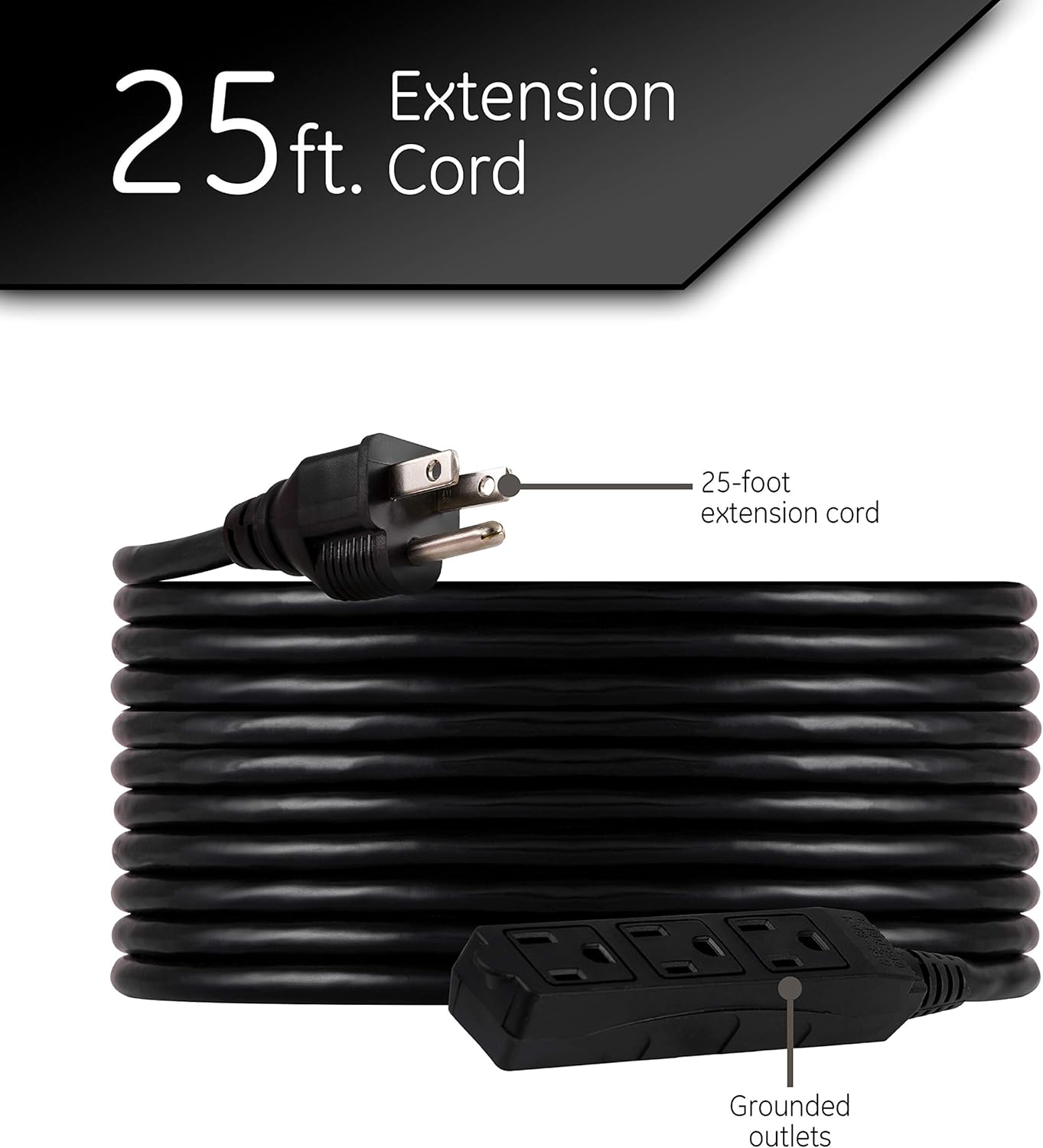 UltraPro, Black, GE 25 ft Extension, 3 Outlet, Indoor/Outdoor, Grounded, Double Insulated Cord, UL Listed, 36825 - - 