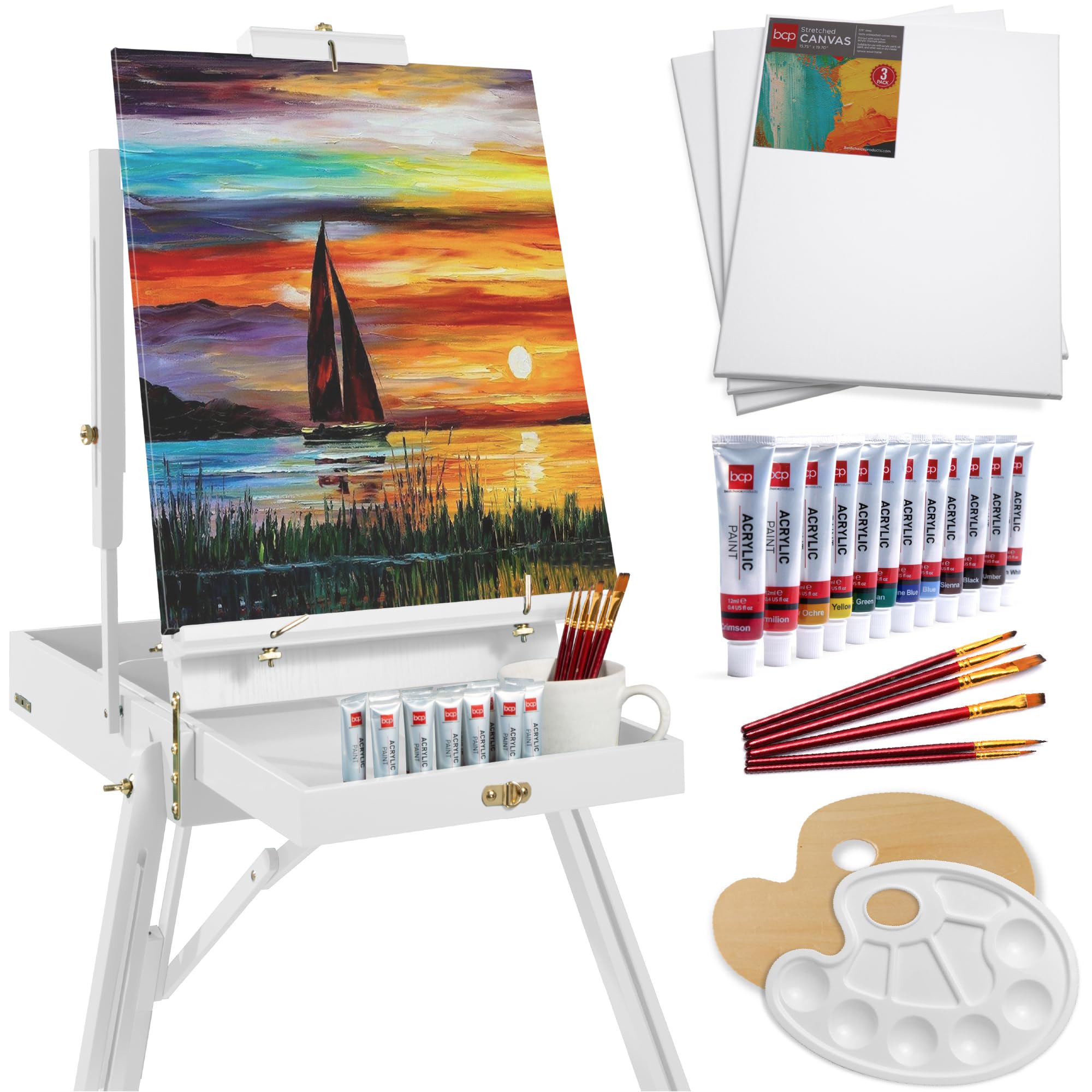 Best Choice Products French Easel, 32pc Beginners Kit Portable Wooden Folding Adjustable Sketch Box Artist Tripod for Painting, Drawing w/Acrylic Paints, Brushes, Canvases, Palettes - White Image