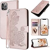 JHWVVTF for iPhone 11 Pro Max Wallet Case, Cute Floral Pattern Leather for Women Girl, Card Holder Kickstand Flip Cases, Wrist Strap, Magnetic Closure, Shockproof Protective Cover (Rose Gold)