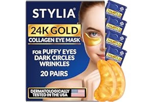 Stylia Under Eye Patches for Puffy Eyes and Dark Circles (20 Pairs), 24k Gold Eye Mask, Face Eye Mask Skincare, Eye Care for Wrinkles and Puffiness, Collagen Under Eye Masks, Moisturizing Eye Gel Pads